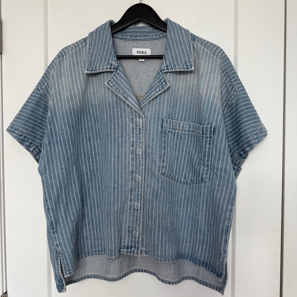 Pistola Della Denim Short-Sleeve Open Collar Camp Shirt in Canopy Stripe M